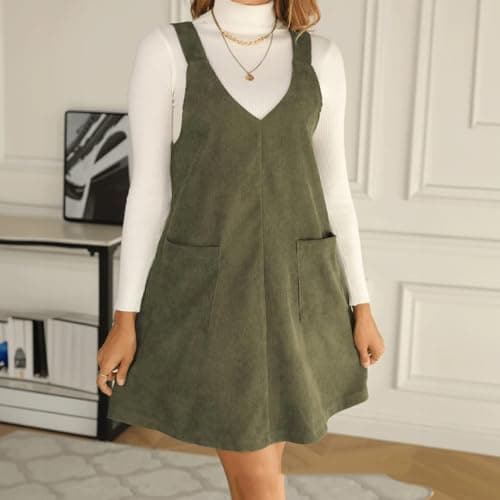 Women's Casual Corduroy Tunic Dress with Pockets