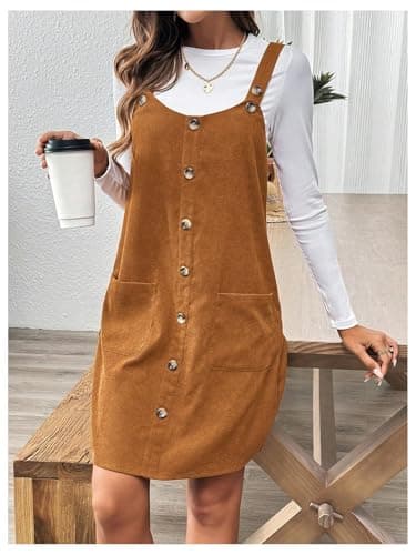 SOLY HUX Women's Corduroy Button Front Sleeveless Pocket Short Dress
