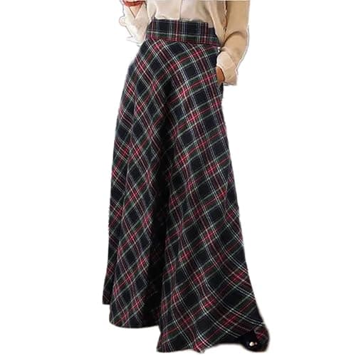 Sheface Women's High-Waist Plaid Pleated Maxi Skirt with Pockets — Black