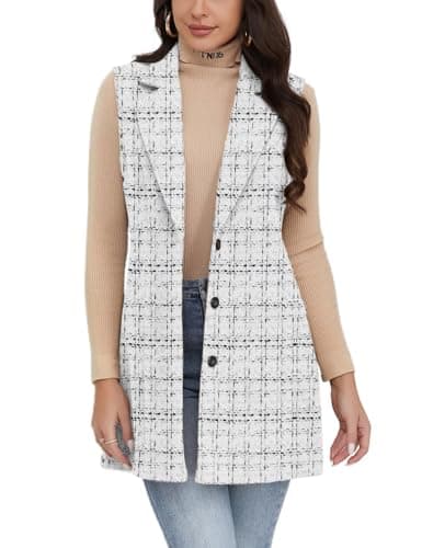 IDEALSANXUN Women's Plaid Sleeveless Blazer Jacket for Fall Winter — Tweed White