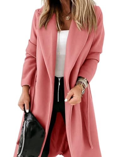 Ladiyo Women's Classic Open Front Belted Long Coat — Watermelon Red