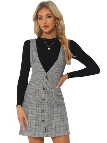 Women's Halloween Plaid Houndstooth Overalls Dress — Black