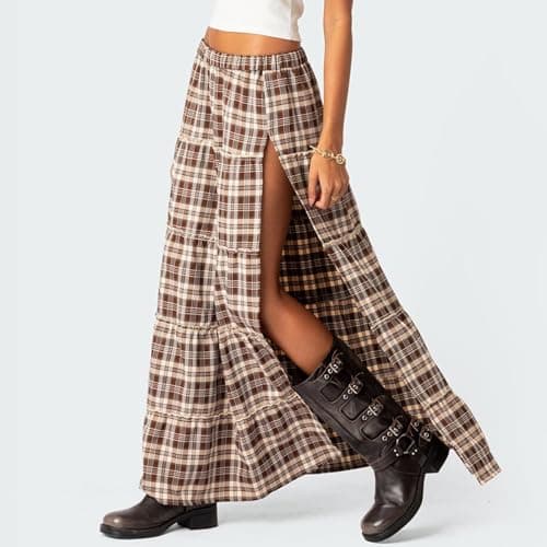 LAVASEON Women's Vintage Plaid Tiered Maxi Skirt with Elastic Waist
