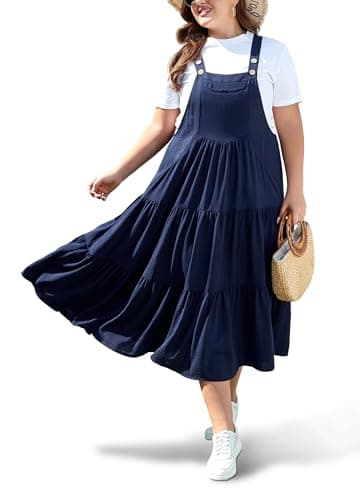 Moon Wood Plus Size Bib Overall Dress with Pockets Summer Casual — Navy