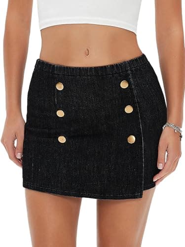 EXLURA Women's High Waist Elastic Plaid Mini Skirt — Denim Black