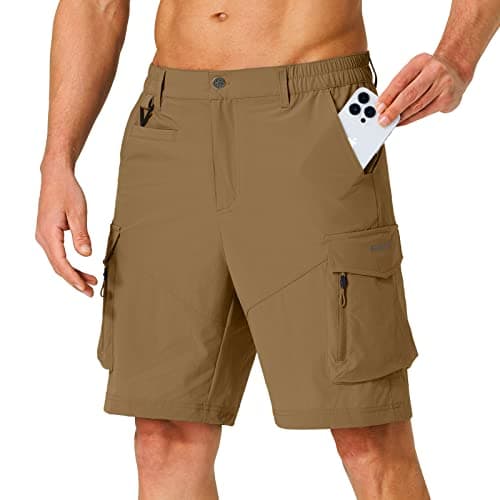 Hugut Men's Quick Dry Hiking Cargo Shorts with Multi Pockets for Travel Golf Camping — Dark Khaki