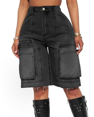 EZAPINE Women's High Waist Raw Hem Denim Shorts Summer Pockets — Black