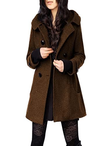 Tanming Women's Warm Double Breasted Wool Pea Coat with Hood — Brown