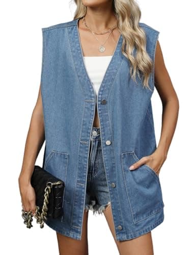 IDEALSANXUN Women's Oversized Denim Vest Button-Down Summer Jacket — Blue