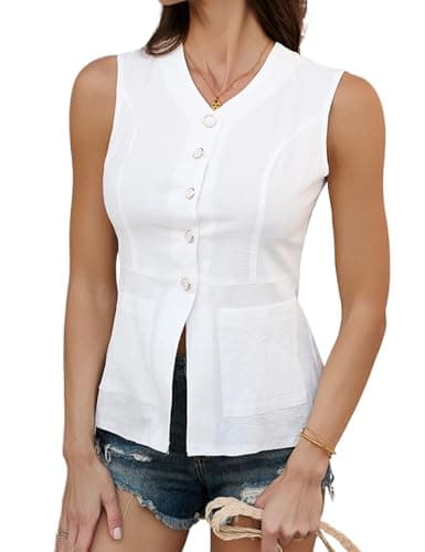 ZILIN Women's Summer Sleeveless Linen Blazer Vest Casual Work Suit Tops — White