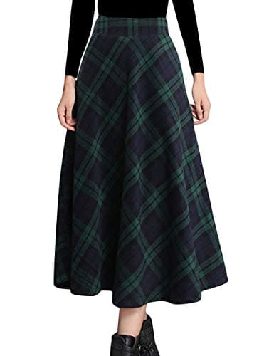 Women's Winter Wool Plaid A-Line Pleated Long Skirt — Green2