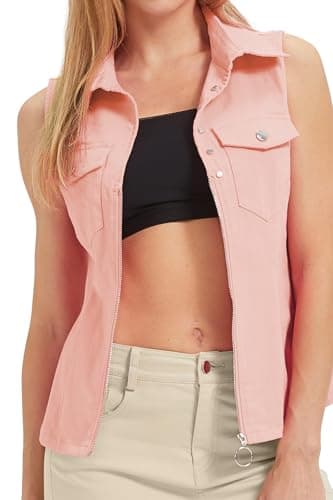 LIYEZ Women's Sleeveless Denim Vest with Pockets and Zipper — Color 10 Light Pink