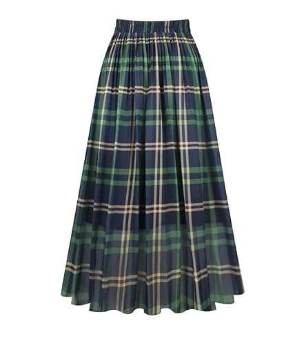 Chic Women's Chiffon Pleated A-Line Midi Skirt — Green Plaid