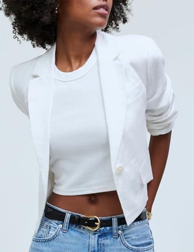 Womens Cotton Linen Cropped Blazer Suit