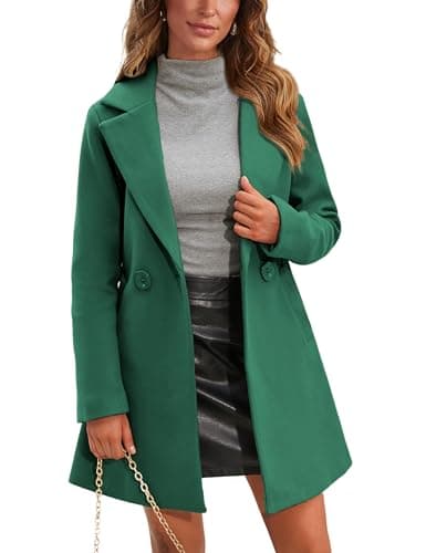 Springrain Women's Wool Pea Coat Notched Collar Midi Trench Coat — Teal