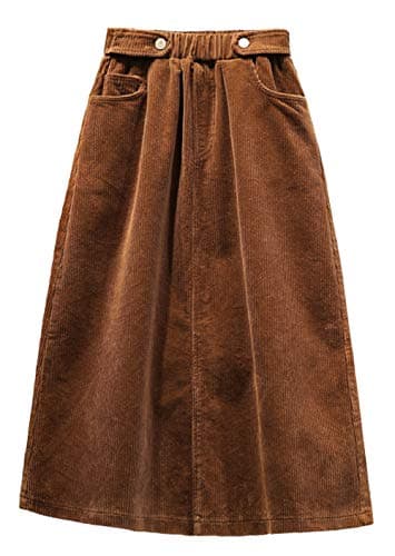 CHARTOU Women's Winter Corduroy Elastic Waist Ruffle Midi Skirt — Khaki