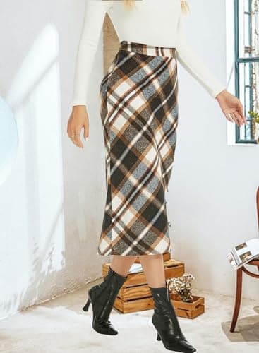 RANPHEE Womens Vintage Flannel Plaid Midi Skirt