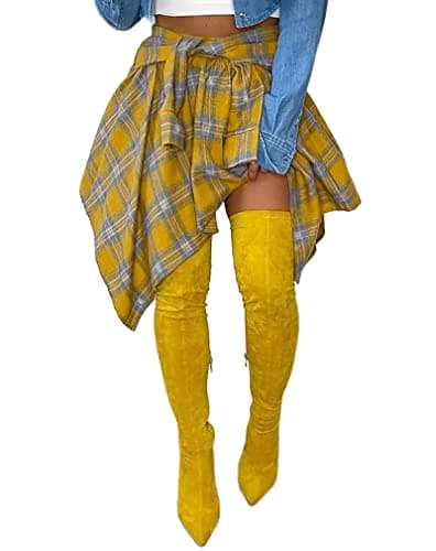 Atyfuniby Women's High Waisted Plaid Mini Skater Skirt with Knot Front — Yellow Blue