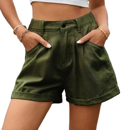 High waist denim shorts with pockets for women — C-army Green