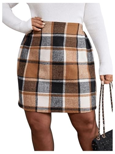 SHENHE Women's Plus Size High Waisted Elegant Straight Plaid Mini Skirt