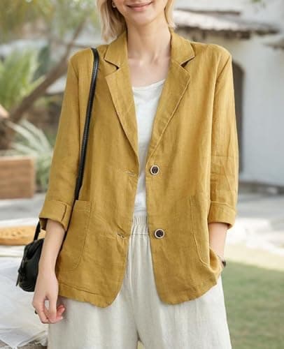 YOUNIFIZ Women's Linen 3/4 Sleeve Notch Lapel Summer Casual Blazer Jackets with Pockets