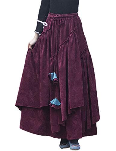 IDEALSANXUN Womens High Waist Flared Corduroy Pleated Long Skirts — Wine
