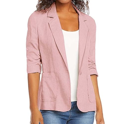 Women's Cotton Linen 3/4 Sleeve Open Front Blazer Jacket — Pink