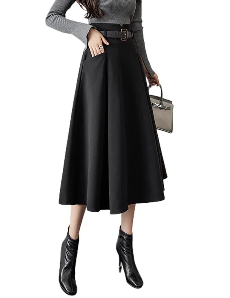 IDEALSANXUN High Waisted Wool Midi Pleated Skirts for Women Fall Winter