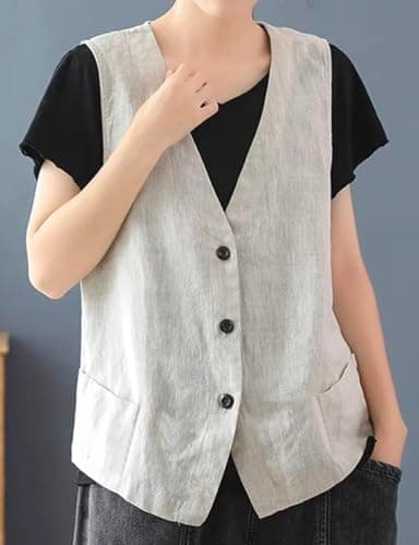 IDEALSANXUN Women's Cotton Linen Sleeveless Blazer Lightweight Vest Cardigan