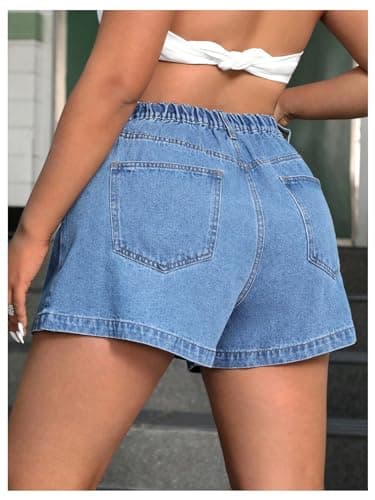 WDIRARA Women's Plus Size High-Waist Pleated Wide Leg Denim Shorts