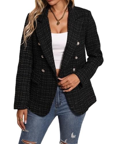 Mina Self 2025 Women's Spring Plaid Tweed Lapel Blazer Jacket with Pockets
