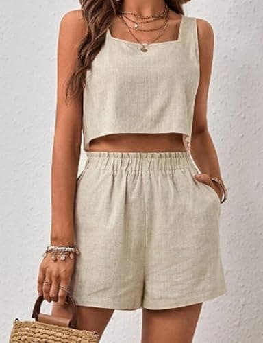 IDEALSANXUN Women's Cropped Linen Tank Tops Casual Square Neck Summer Shirt