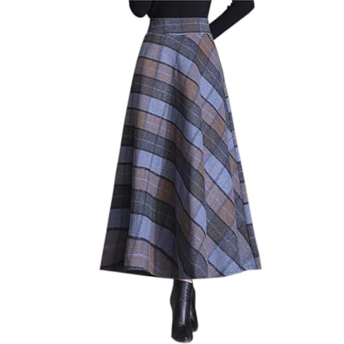SANGTREE Women's High-Waist Flared Tartan Wool Skirt — Blue Grey
