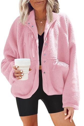 Nirovien Women's Fuzzy Fleece Button Down Sherpa Coat Winter Warm Coat — Peach Pink