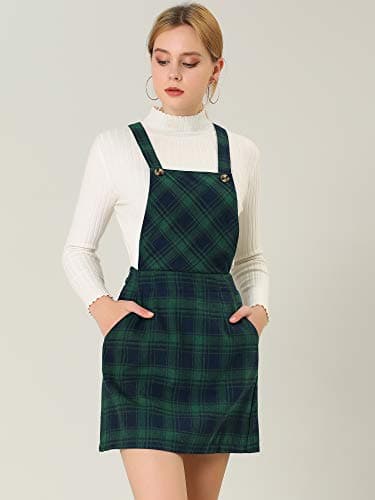 Allegra K Women's Plaid Overall Bib Dress with Adjustable Straps