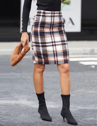 Plaid Wool Midi Skirt for Women in Fall/Winter 2024