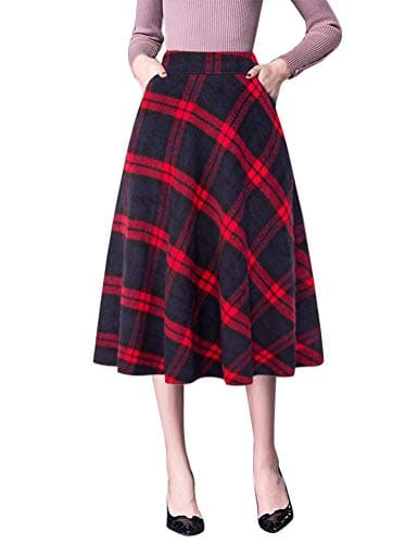 Women's High Waist Wool A-line Midi Skirt — Plaid Red