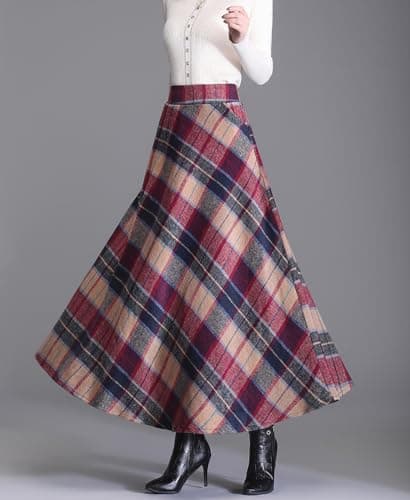 Women's Elastic Waist Plaid Wool Blend A-Line Skirt with Pockets