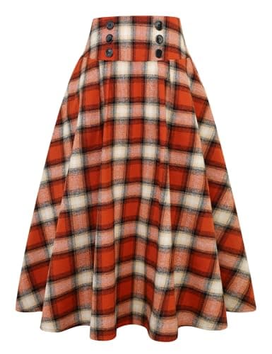 Women's High Waist Plaid A-line Midi Skirt by IDEALSANXUN — Orange