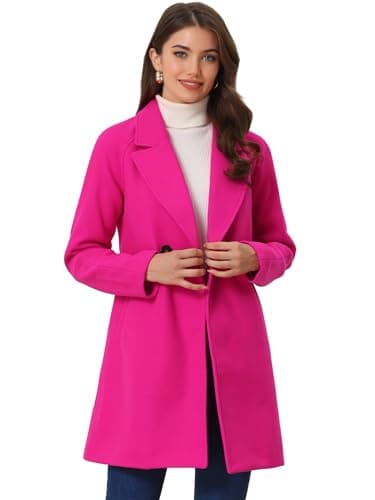 Allegra K Women's Notched Lapel Double Breasted Winter Coats — Hot Pink