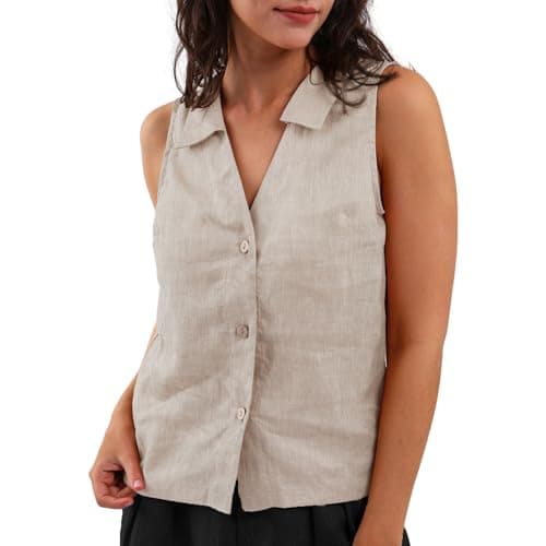 Amazhiyu Women's 100% Linen Slight Crop Button-Down Top — Flax
