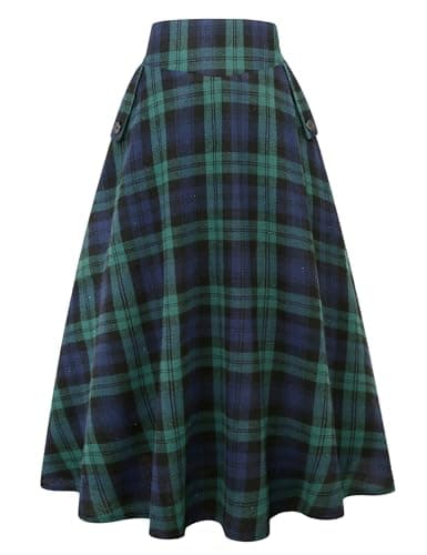 Women's Plaid High Waisted A Line Maxi Skirt with Pockets for Fall/Winter