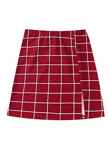 Floerns Women's High Waisted Mini Plaid Split Hem Casual Skirt — Burgundy Red