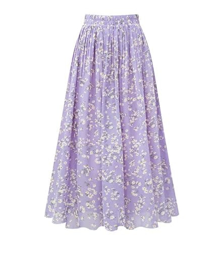 Chic Women's Chiffon Pleated A-Line Midi Skirt — Lavender Floral