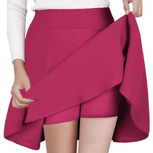 Women's Mini Flared A-Line Stretchy Party Skirts with Shorts — Rose Pink