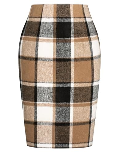 Women's High-Waist Wool Plaid Pencil Skirt for Fall and Winter — Khaki