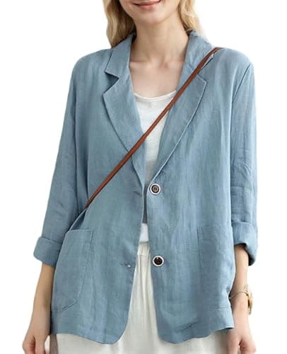 YOUNIFIZ Women's Linen 3/4 Sleeve Notch Lapel Summer Casual Blazer Jackets with Pockets — A_blue