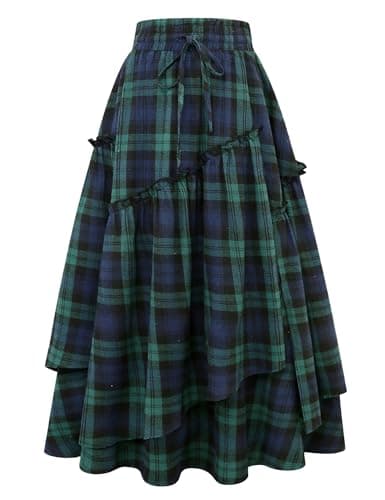 IDEALSANXUN High Waisted Plaid A Line Maxi Skirt with Pockets