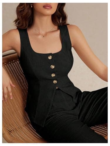 SHENHE Women's Linen Square Neck Summer Sleeveless Top