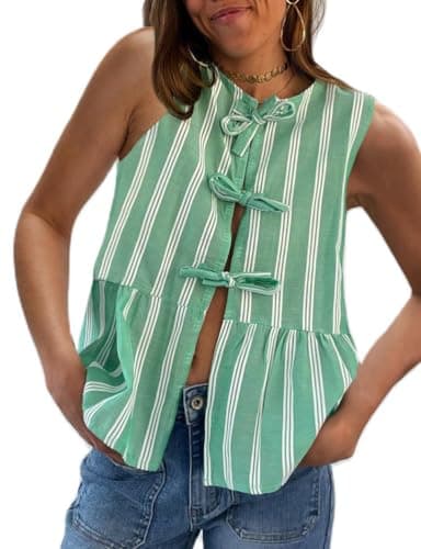 IDEALSANXUN Striped Linen Vest for Women Spring Summer — Green
